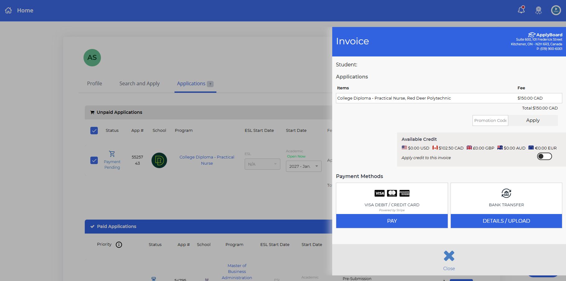 A screenshot showing an ApplyBoard Invoice window overlaying the application dashboard, displaying options for Available Credit, Visa Debit or Credit Card payment, and Bank Transfer details.