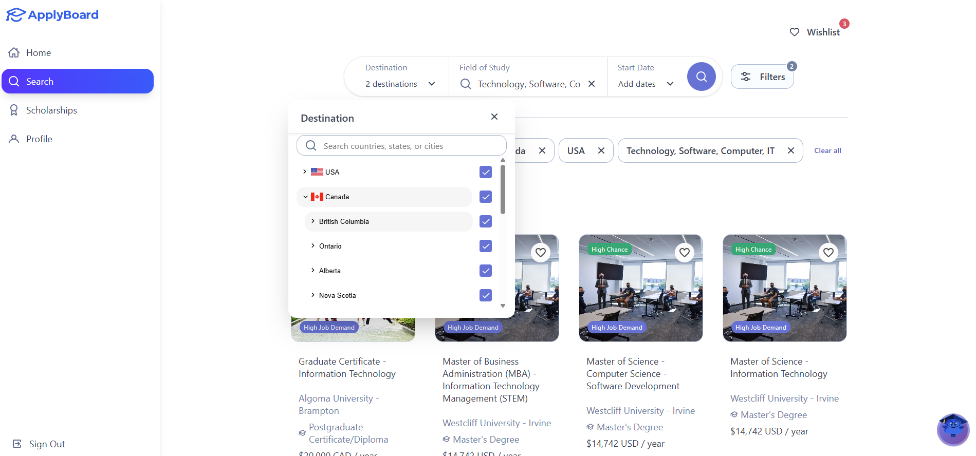 A screenshot of the new Destination filter search bar on ApplyBoard, showing a dropdown menu with checkboxes for countries and expandable arrows for specific regions like Scotland and Wales.