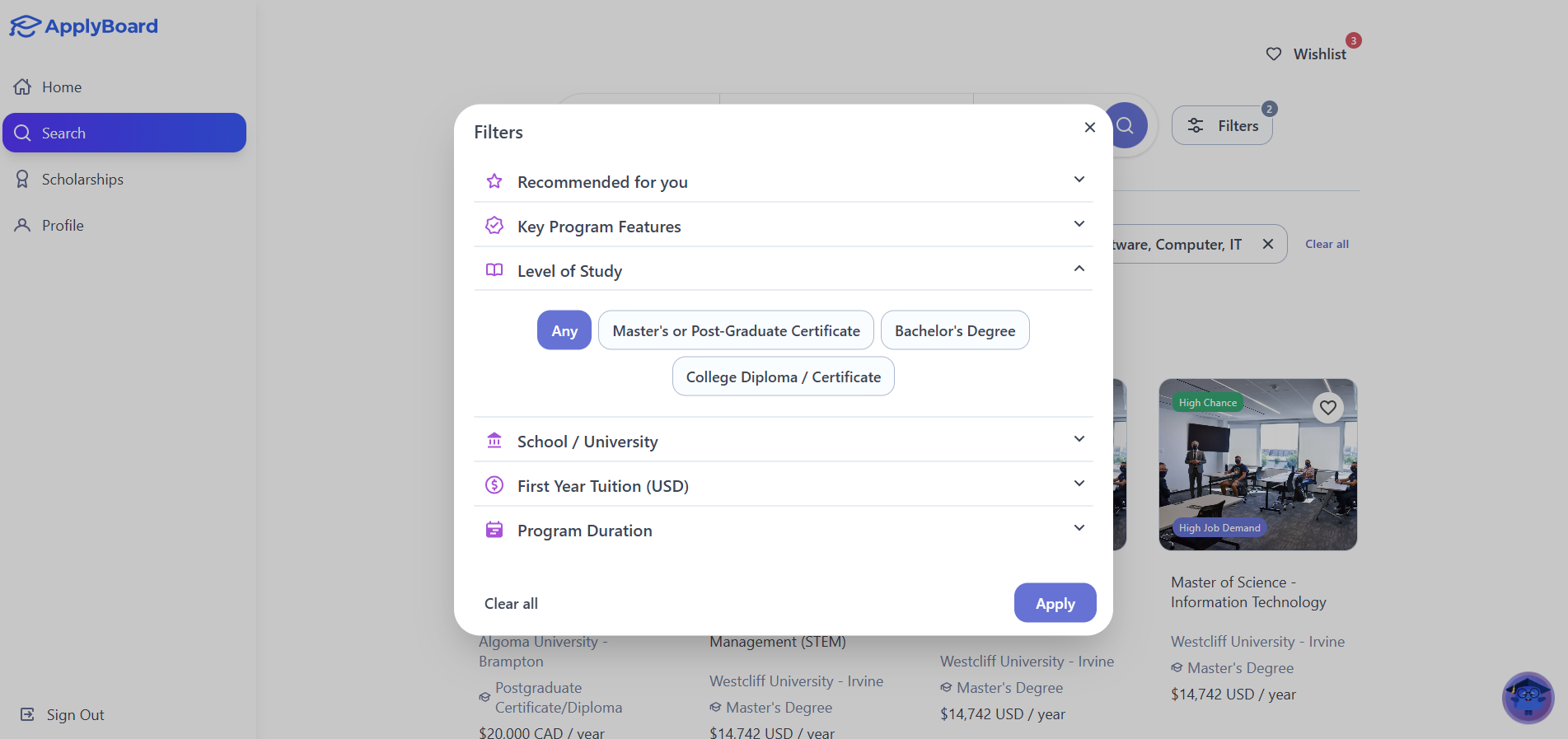 A screenshot of the ApplyBoard Filters menu with the Level of Study section expanded, showing selectable buttons for different degree types like Master's, Bachelor's, and College Diplomas.