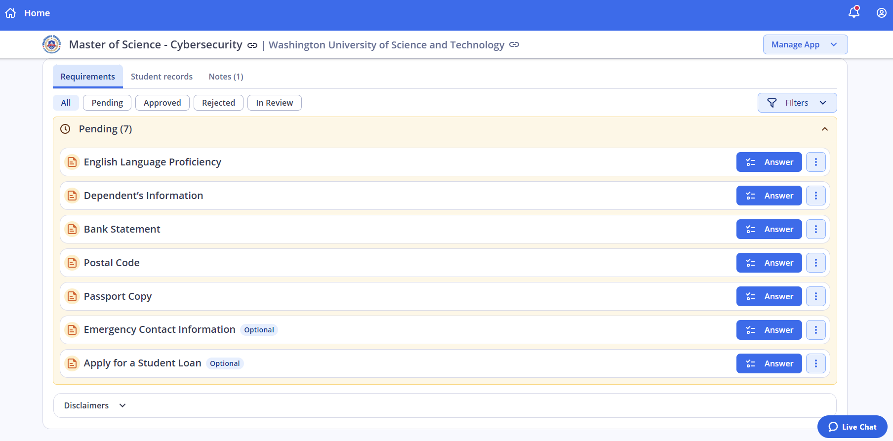 A screenshot of the ApplyBoard student application page for a Master of Science in Cybersecurity at Washington University of Science and Technology. The Requirements tab is active, showing a list of seven pending tasks including English Language Proficiency, Bank Statement, and Passport Copy. Each task has a blue Answer button next to it. Status filters for All, Pending, Approved, Rejected, and In Review are visible at the top, and a blue Live Chat button is located in the bottom right corner.