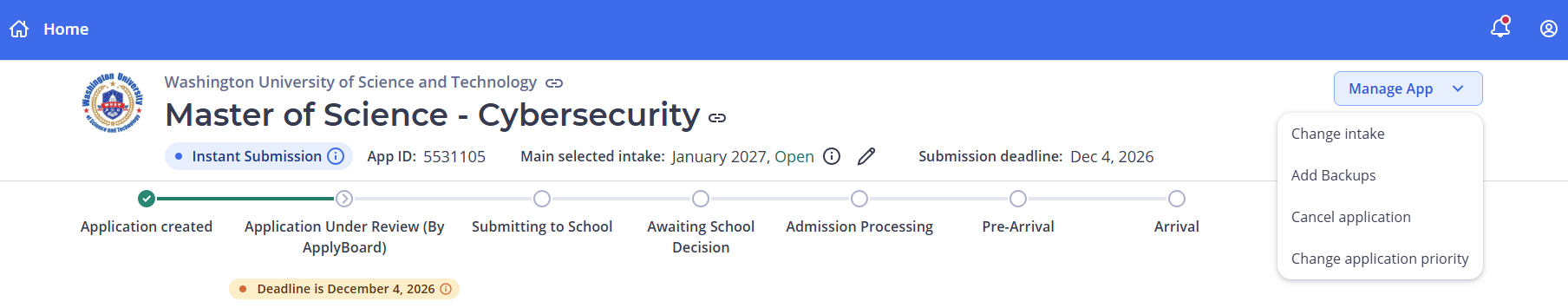 A screenshot of the Notes tab on an ApplyBoard application page. It features a Notes Summary box generated on April 8, 2026, which explains that the application is currently incomplete due to missing information. The summary instructs the applicant to review the Requirements tab to identify and provide missing documents or address rejected items. A blue Take Action button is visible in the top right of the section.