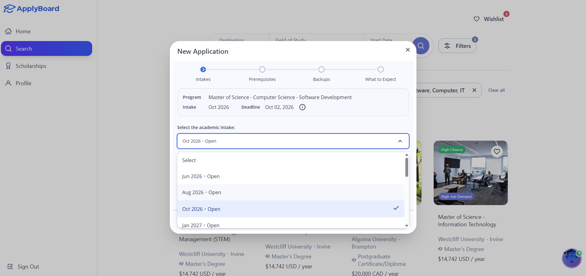 A screenshot of the New Application pop-up on the ApplyBoard portal showing the first step, Intakes. A dropdown menu is open, allowing the student to select an academic intake such as Oct 2026. The program title, Master of Science - Computer Science - Software Development, is visible at the top of the form.
