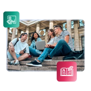 A group of four students sitting outdoors on steps in front of a building with large columns, using a laptop and talking. Overlay icons include a teacher at a blackboard and an open book with a quill.