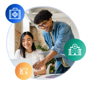 A young man and woman collaborate on a laptop for a health science program application, surrounded by medical, hospital, and web browsing icons.