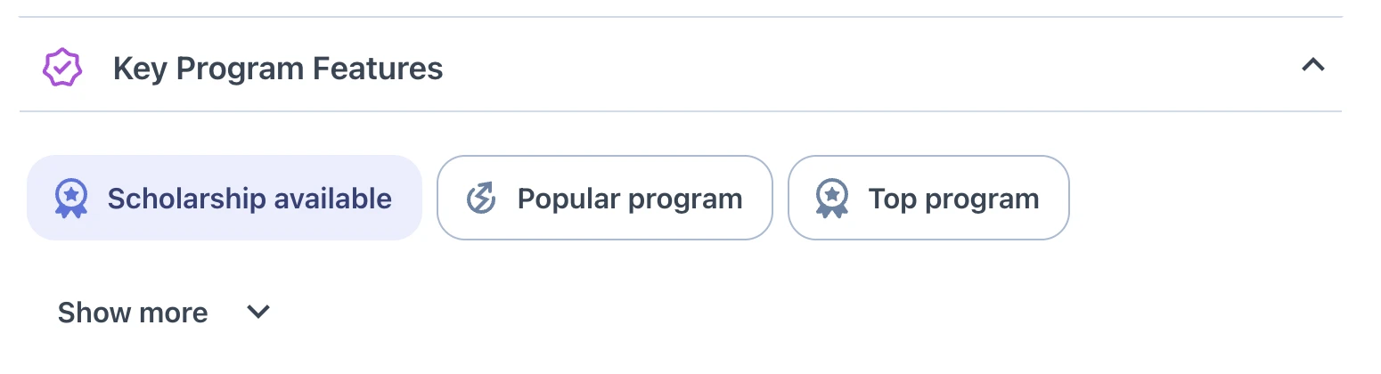 ApplyBoard platform screenshot showing Key Program Features with filters for Scholarship Available, Popular Program, and Top Program.