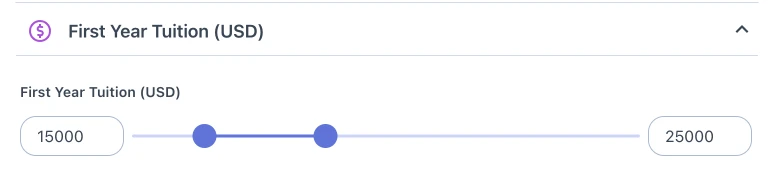 First Year Tuition fee range slider on ApplyBoard search filter showing a range from 15000 to 25000 USD.