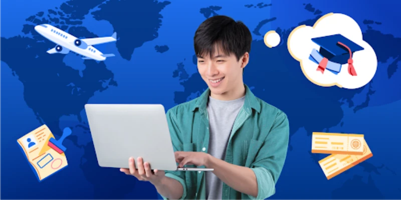 An optimistic student with a laptop, dreaming of studying abroad, surrounded by travel icons like an airplane, visa, and graduation cap on a blue world map background.