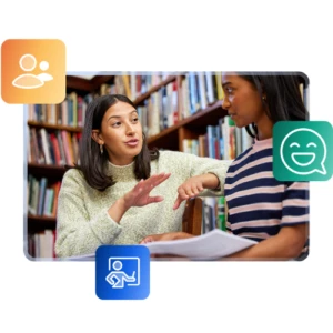 Two female students engaged in an active discussion in a library setting, surrounded by bookshelves, with overlay icons representing mentorship, classroom learning, and positive communication.