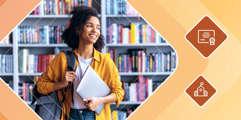 A smiling female student carrying a laptop and wearing a backpack stands in a library filled with books. The image is framed in a modern geometric design with icons on the right representing a diploma and a school building.