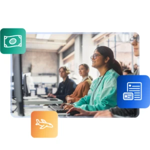 A young woman with glasses sitting in a modern computer lab or classroom with other students, focused on her screen, with icons representing tuition fees, travel, and student documentation.