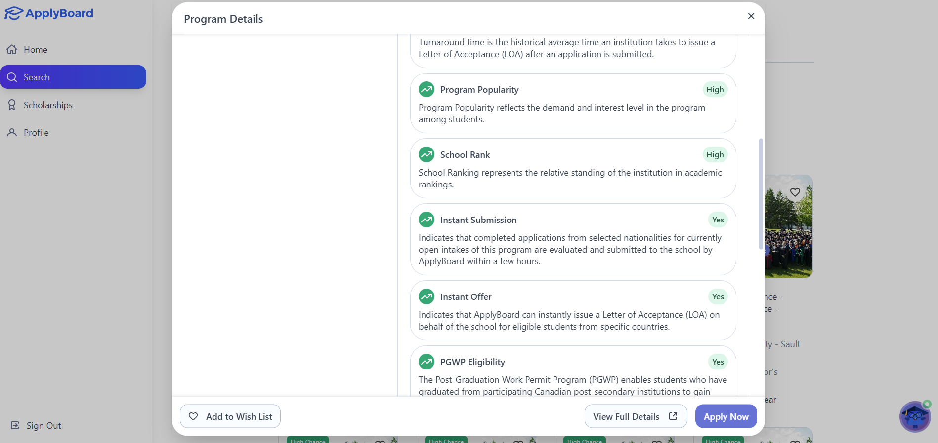 A detailed Program Details window on ApplyBoard highlighting eligibility features. Green badges and descriptions confirm that the selected program supports Instant Submission and Instant Offer, allowing for faster application processing and immediate issuance of a Letter of Acceptance.