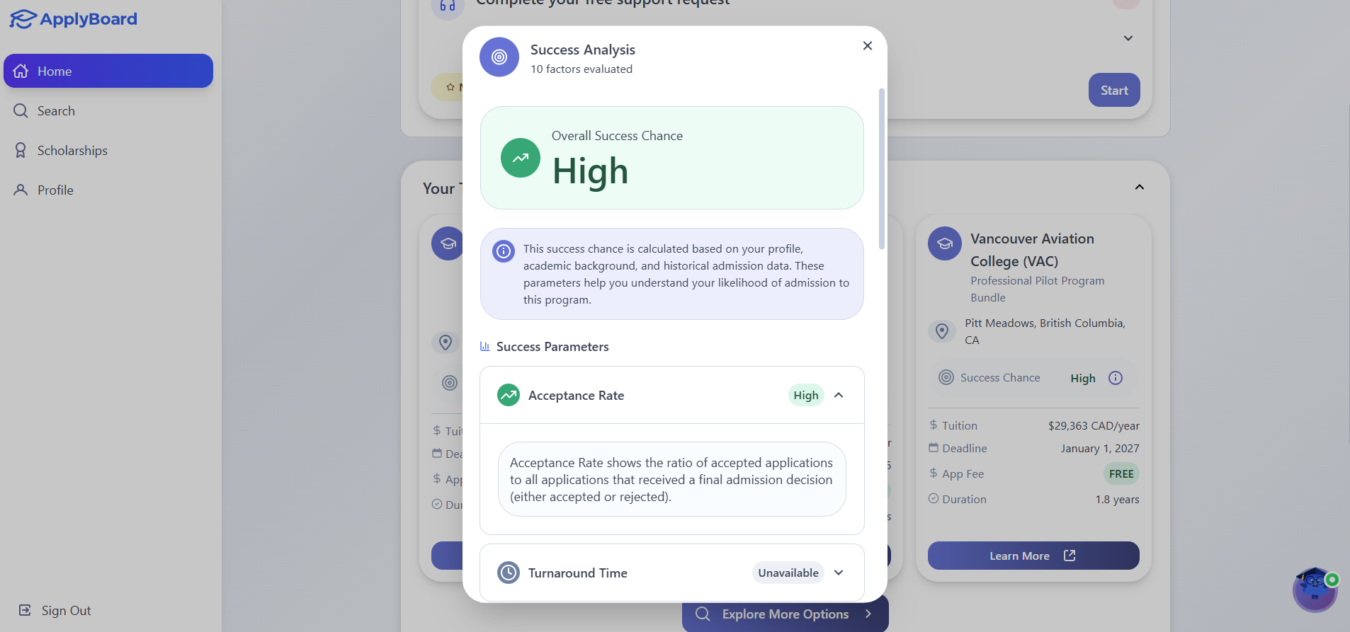 A screenshot of the ApplyBoard platform showing a Success Analysis pop-up window for a student. The window displays a High overall success chance for Vancouver Aviation College, based on academic background and admission data.