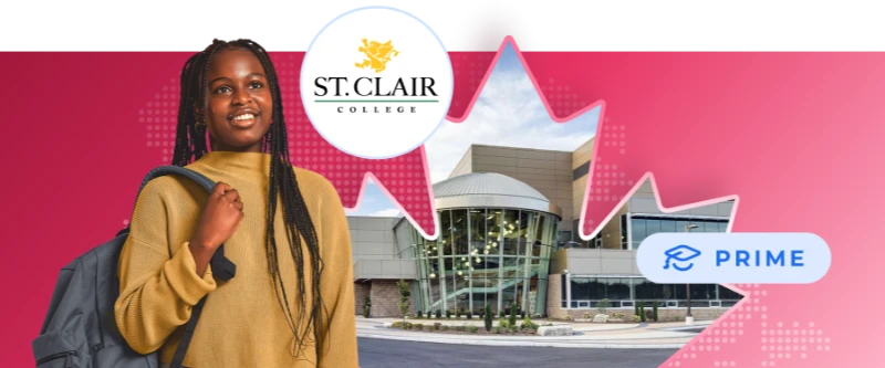A smiling student with a backpack standing in front of the St. Clair College campus, which is framed within a large pink maple leaf shape. The image includes the official St. Clair College logo and a PRIME badge, set against a vibrant pink background.