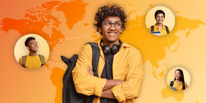 A diverse group of international students represented by four young people with backpacks and headphones, connected by dashed lines over an orange-to-yellow gradient world map background.
