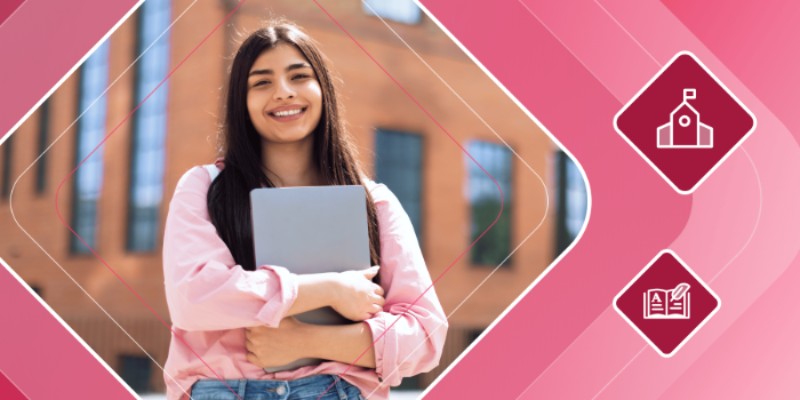 A student holding a laptop on a university campus with decorative pink graphics and educational icons.