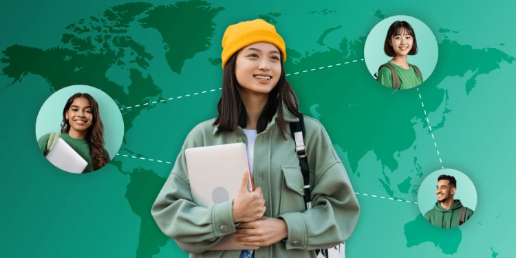 A diverse group of international students represented by four young people with backpacks and laptops, connected by dashed lines over a green-to-teal gradient world map background.