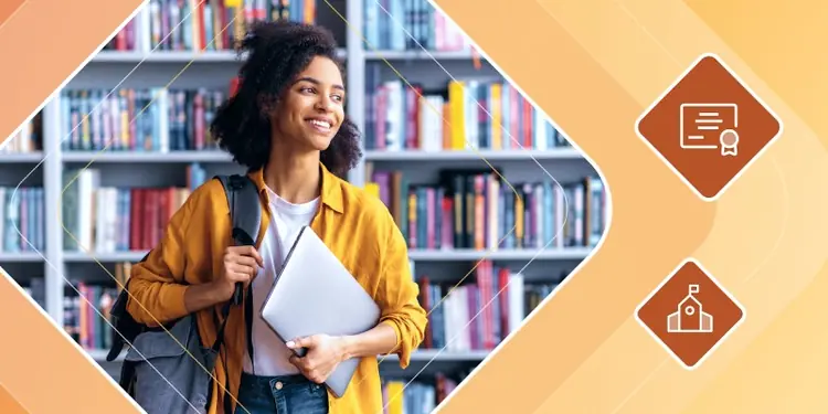 A young woman with a backpack and laptop standing in front of bookshelves, framed by orange geometric shapes and academic icons.