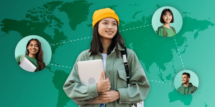 Graphic of a young woman with a laptop and yellow beanie, surrounded by profile icons of other students on a green world map.