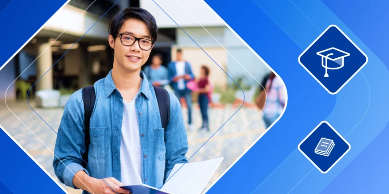 A smiling young male student wearing glasses and a backpack, holding an open notebook on a university campus, framed by a blue graphic design with graduation cap and book icons.
