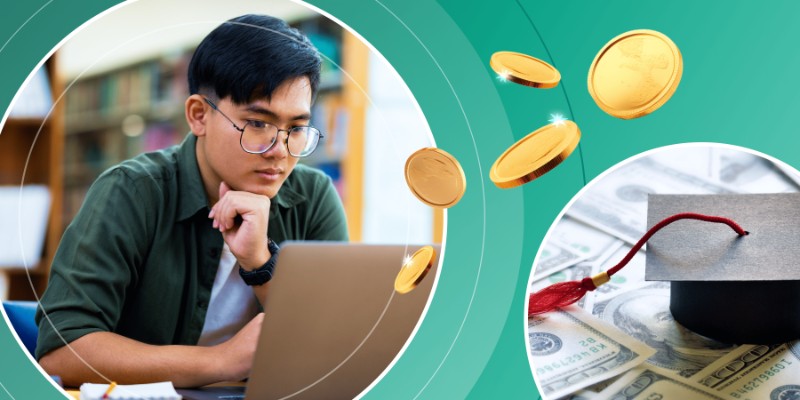 A young male student working on a laptop with floating coins and a university graduation cap resting on money.