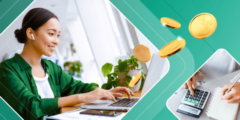 A graphic featuring a smiling young woman on the left, working on a laptop with an earbud. To her right, a stream of golden coins floats, and in the bottom right, a smaller inset shows people using a calculator and writing in a notebook, suggesting a theme of money management or online work.