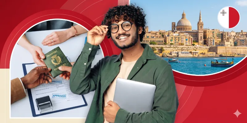 Malta student work permit applicant holding a laptop, featuring an approved passport document, Malta flag, and Valletta skyline.