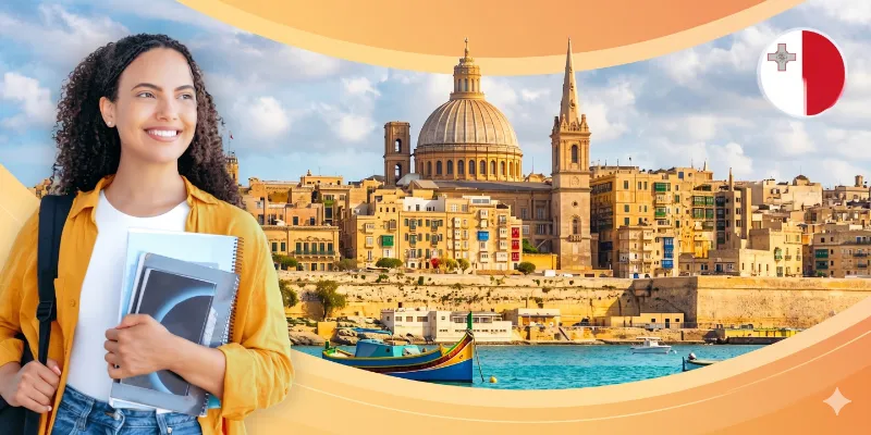 Smiling female international student holding notebooks with the historic Valletta, Malta skyline and Mediterranean Sea in the background, representing study abroad opportunities
