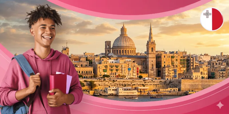 Happy international student in front of the Valletta skyline, highlighting study in Malta opportunities