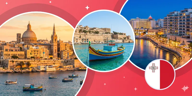 Malta cityscape collage showcasing Valletta skyline, a traditional Luzzu boat on blue water, and a lit waterfront at night.