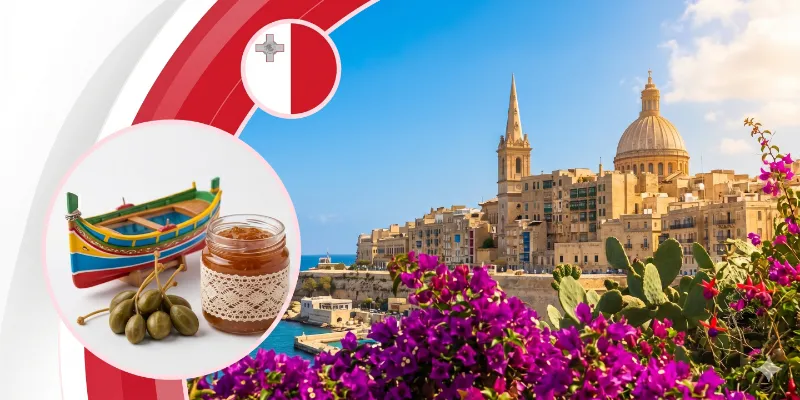 Malta travel graphic featuring Valletta skyline and local Maltese products.