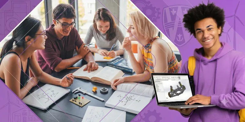 A collage of diverse university students collaborating on engineering projects, featuring a student holding a laptop that displays a 3D mechanical CAD model against a purple background with engineering icons.