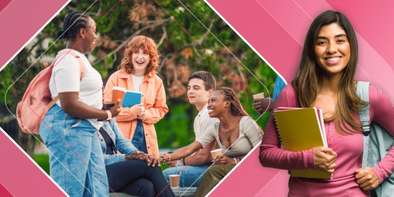 A graphic on a pink background showing a diverse group of college students socializing outdoors, next to a close-up of a smiling female student carrying notebooks.