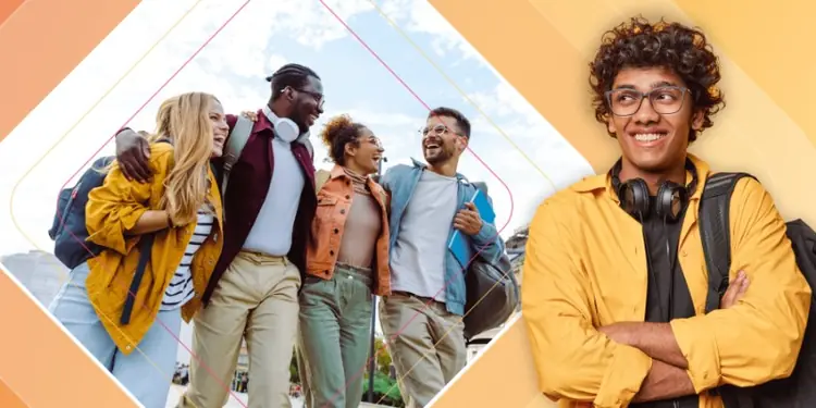 A diverse group of smiling international students walking together outdoors, next to a young male student with headphones and a backpack thinking look.