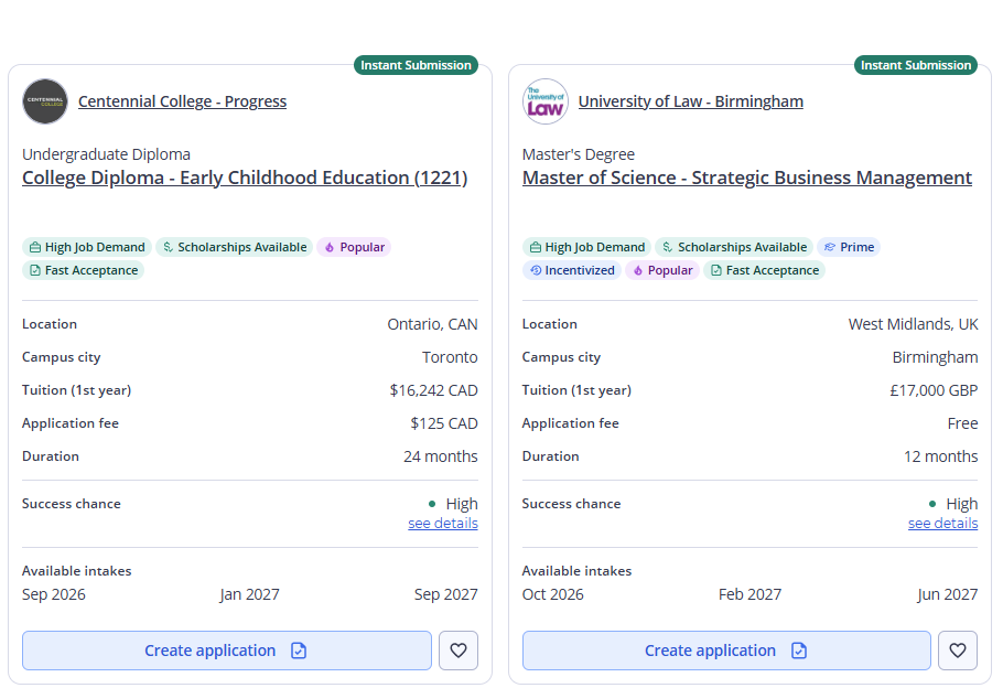 A screenshot of two academic program cards on the ApplyBoard platform, both featuring a green Instant Submission badge in the top-right corner.