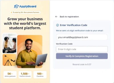ApplyBoard verification code page reading Enter Verification Code with an email input box and a complete registration button.