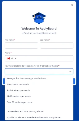 Welcome To ApplyBoard account profile setup form screen.