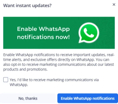 Notification prompt reading Enable WhatsApp notifications now with an optional marketing checkbox and action buttons.