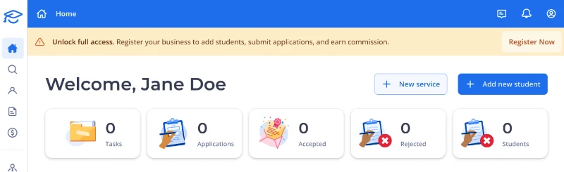 ApplyBoard style home dashboard reading Welcome, Jane Doe with quick action buttons and zeroed metric tracking cards.