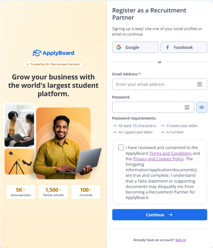 ApplyBoard registration page titled Register as a Recruitment Partner featuring social login buttons and email sign up fields.