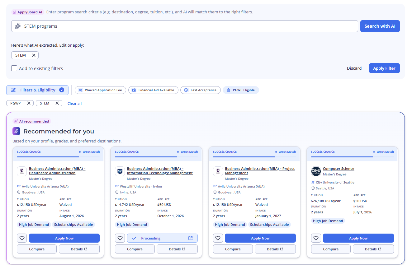 A screenshot of the ApplyBoard platform interface showing AI-recommended Master's degree program cards filtered by PGWP and STEM criteria.