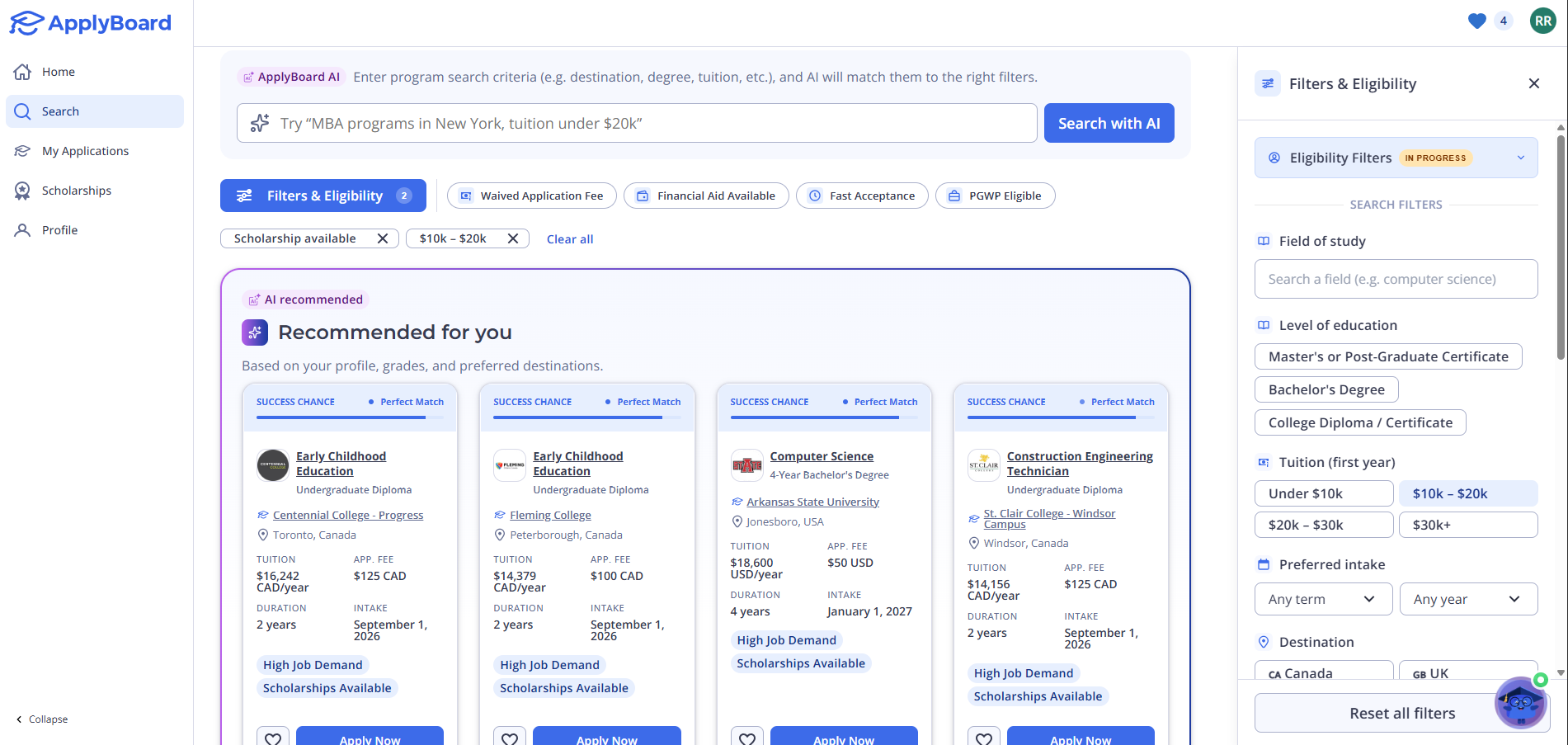 A screenshot of the ApplyBoard platform showing recommended study programs with both Scholarship available and $10k – $20k tuition filters applied.