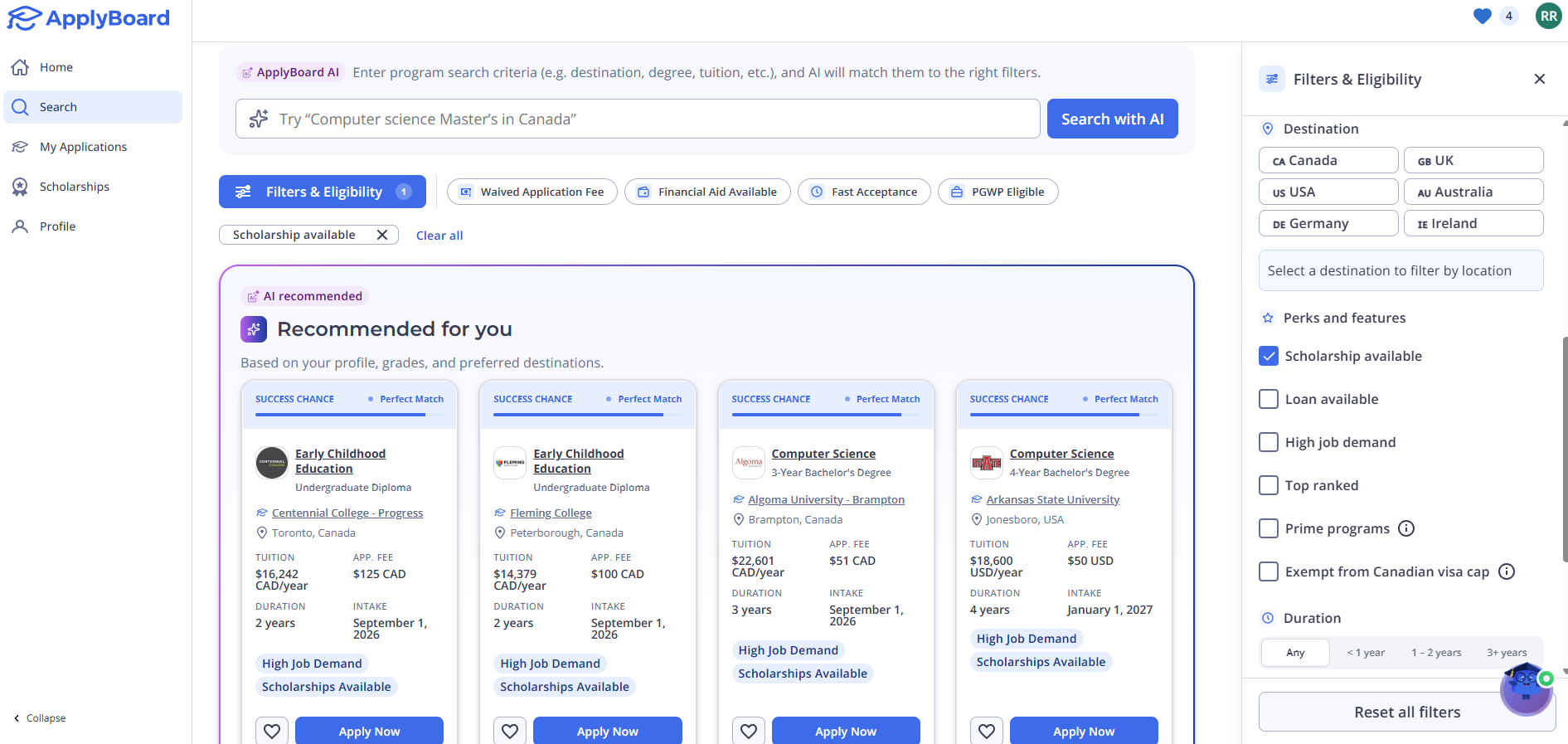 A screenshot of the ApplyBoard platform showing recommended study programs with the Scholarship available filter selected.