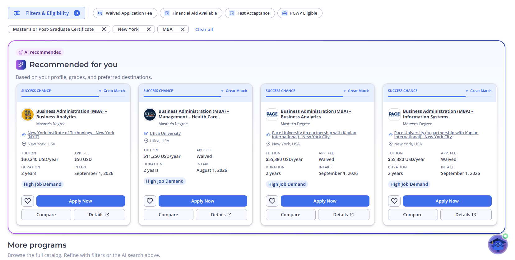 A screenshot of the ApplyBoard platform interface displaying recommended MBA programs in New York under the post-graduate filter selection.
