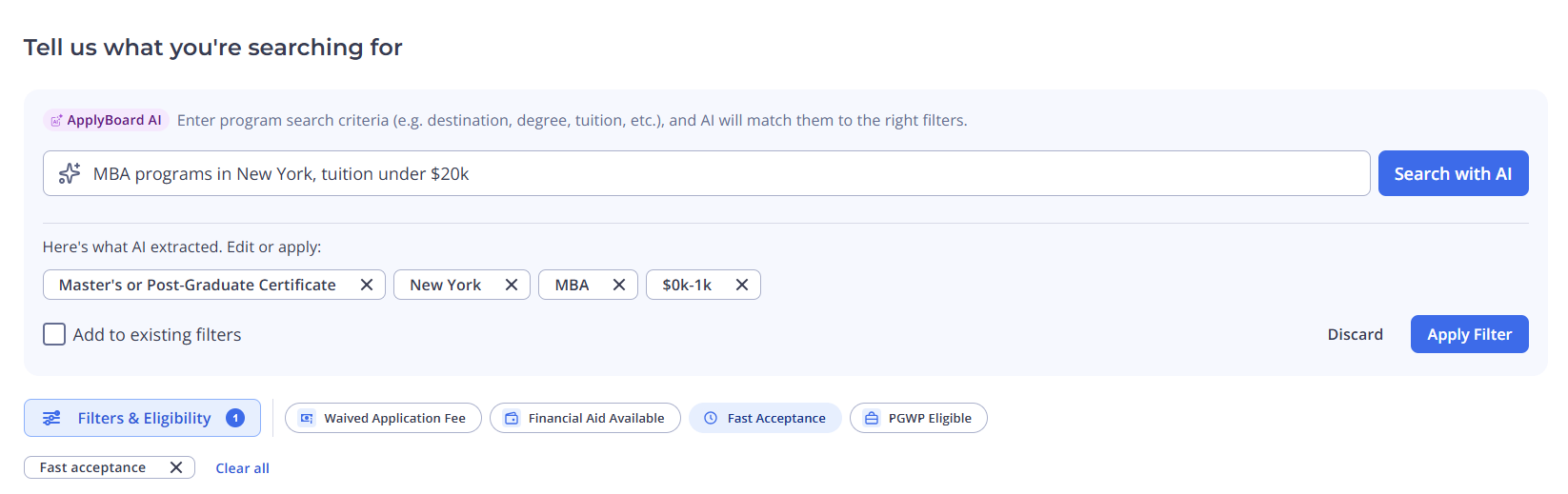 A screenshot of the ApplyBoard platform interface showing recommended university and college programs with the Fast acceptance filter applied.