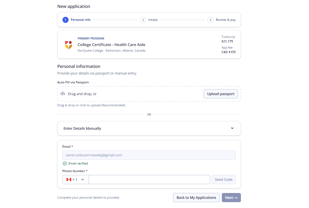 A multi-step online application form for the Health Care Aide certificate program at NorQuest College, currently on the Personal info step with options to upload a passport or enter details manually.