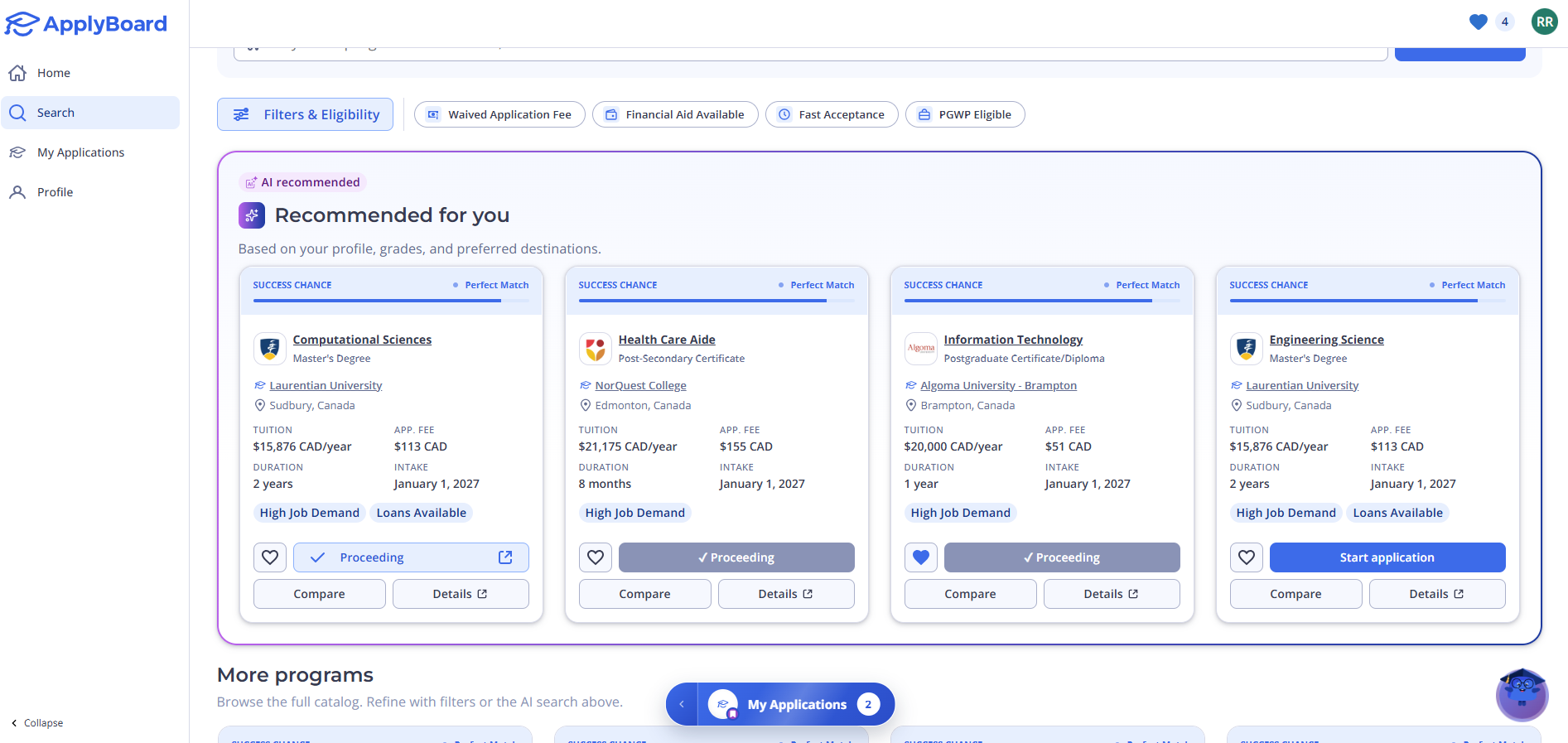 A screenshot of the ApplyBoard platform showing an 