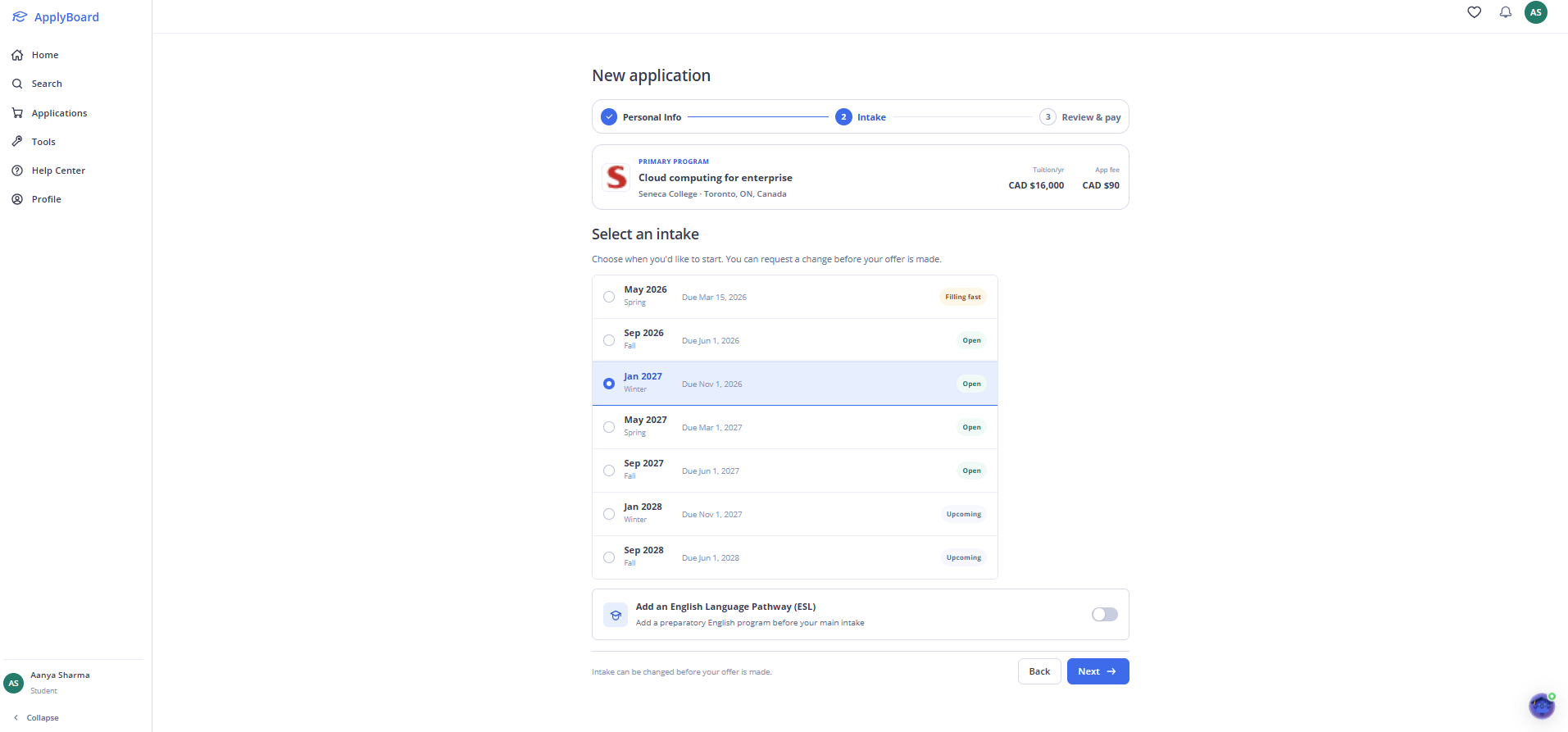 An application form on the ApplyBoard website showing the Intake step for the Cloud computing for enterprise program at Seneca College, with options to select from multiple intake terms.