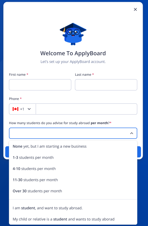 Profile setup form for new ApplyBoard recruitment partner