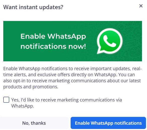 WhatsApp notification opt-in prompt on the ApplyBoard platform