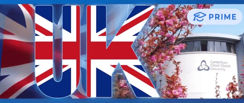 Canterbury Christ Church University campus building with pink cherry blossom trees, featuring a large graphic overlay of the text UK filled with the Union Jack flag pattern and a Prime logo in the top right corner.
